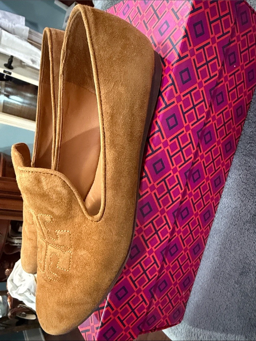 Tory Burch Camel Suede Slip-On Smoking Slipper